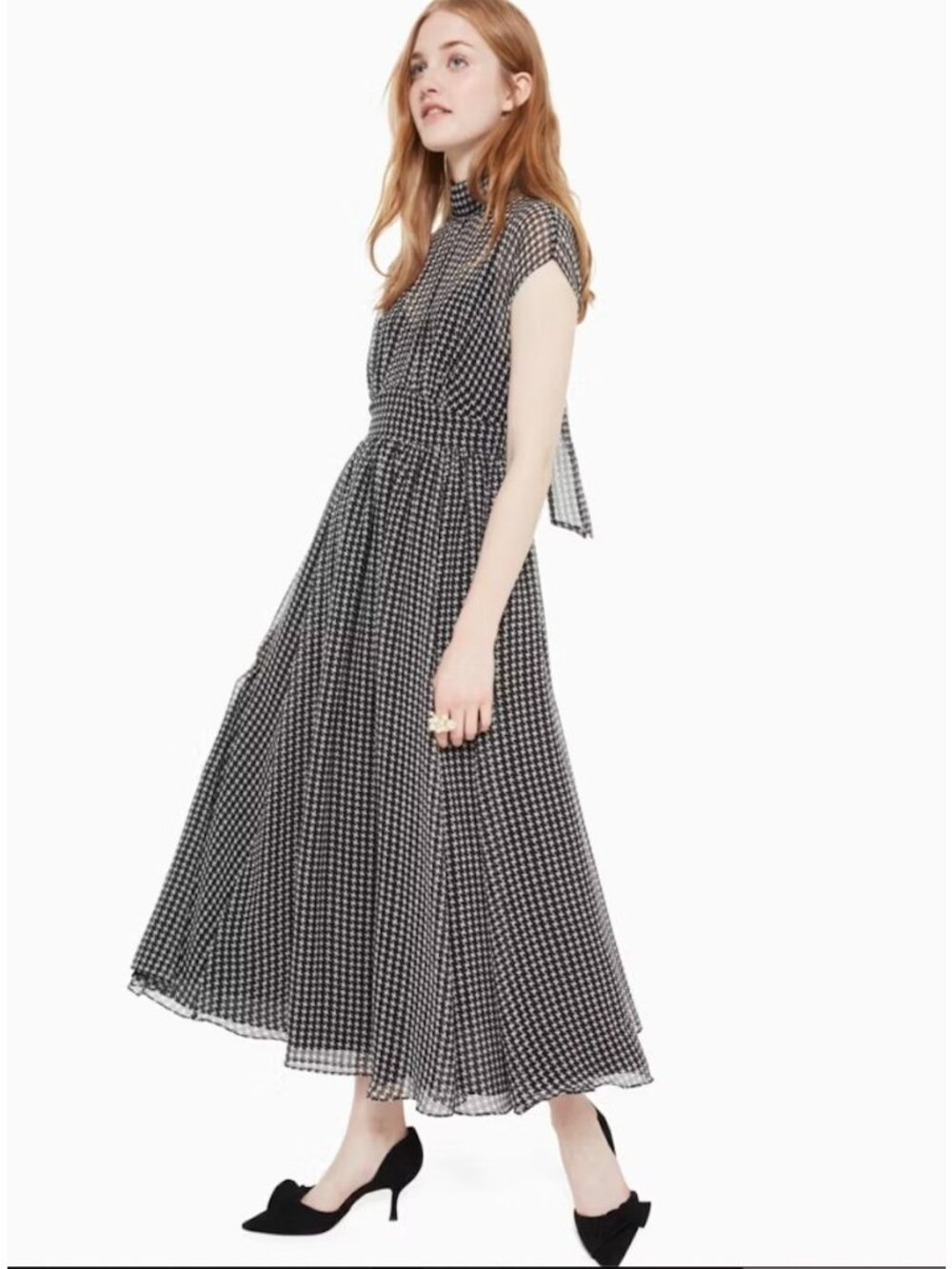 Kate Spade Houndstooth Chiffon Dress, a black-and-white midi